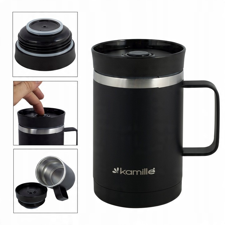KUBEK TERMICZNY Z UCHEM TERMOS STALOWY SCZELNY pojemny bidon KAMILLE 360 ml