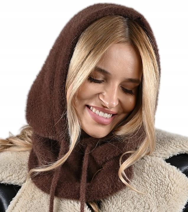 Czekoladowa Kominiarka KAPTUR komin Balaclava Czapka damska miekka zimowa