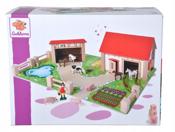 DUŻA DREWNIANA FARMA ZAGRODA + FIGURKI ZWIERZĄT KONIE ŚWINKI STAJNIA 25 EL.