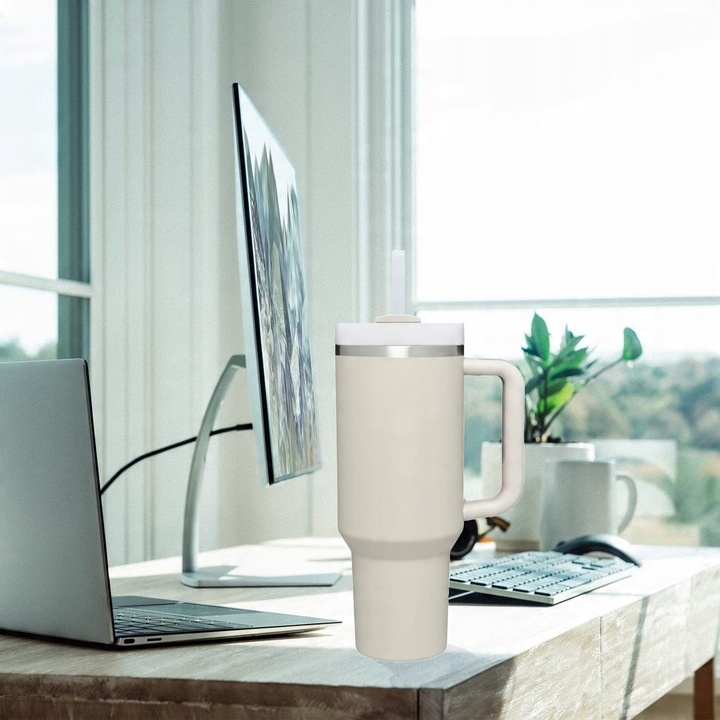 DUŻY KUBEK TERMICZNY ZE SŁOMKĄ DO SAMOCHODU PRZENOŚNY 1180ML BEŻOWY