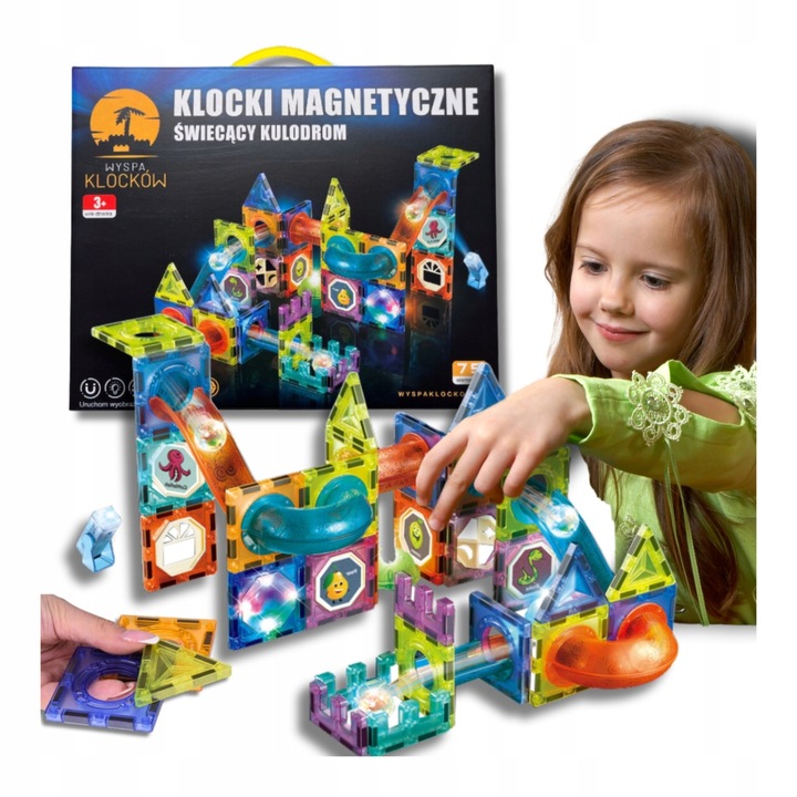 KLOCKI MAGNETYCZNE KONSTRUKCYJNE ŚWIECĄCY KULODROM TOR EDUKACYJNE PANELE 75