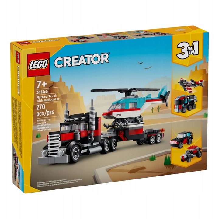 LEGO CREATOR 7+ 3w1 AUTO CIĘŻARÓWKA Z PLATFORMĄ I HELIKOPTER 31146