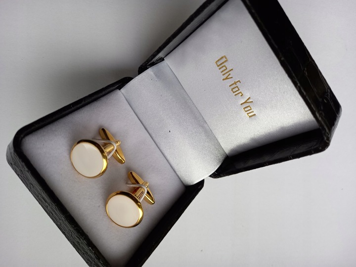 Spinki do mankietów EXC Złote Ślubne pozłacane masa perłowa w pięknym Etui