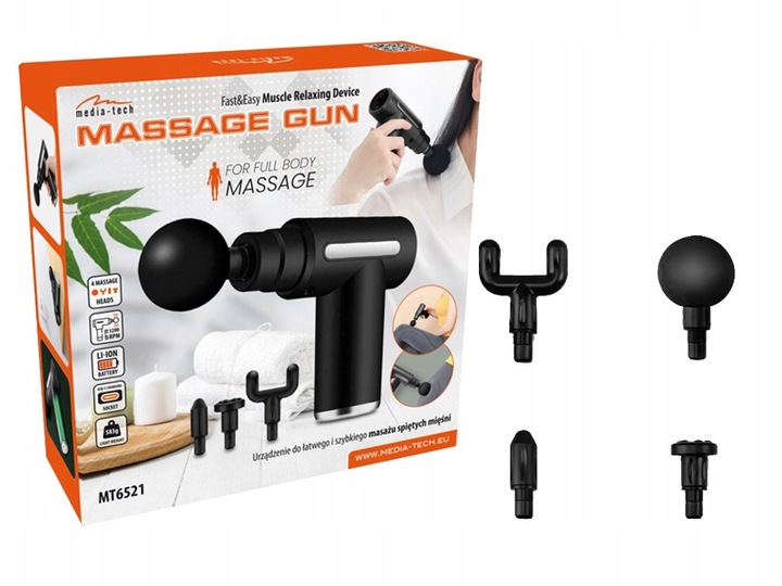 PISTOLET DO MASAŻU MASAŻER DO PLECÓW CIAŁA MASSAGE GUN MT6521 4 GŁOWICE