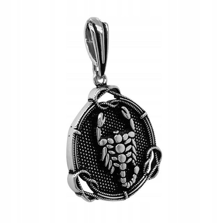 Zawieszka okrągła Srebrna Oksydowana Wisiorek SKORPION srebro pr. 925