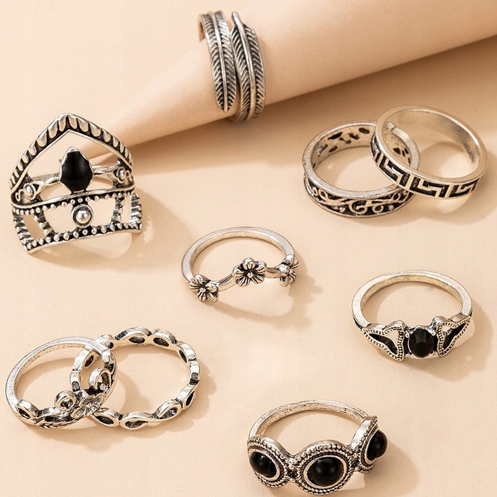 Srebrny ZESTAW PIERŚCIONKÓW RETRO PUNK BOHO 74