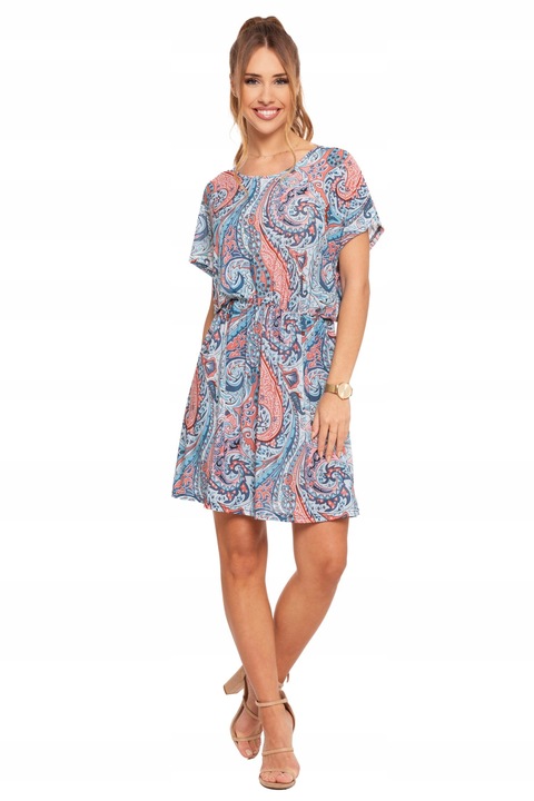 Krótka Sukienka Damska Rozkloszowana Zwiewna Kolorowa Wzorzysta MORAJ S/M