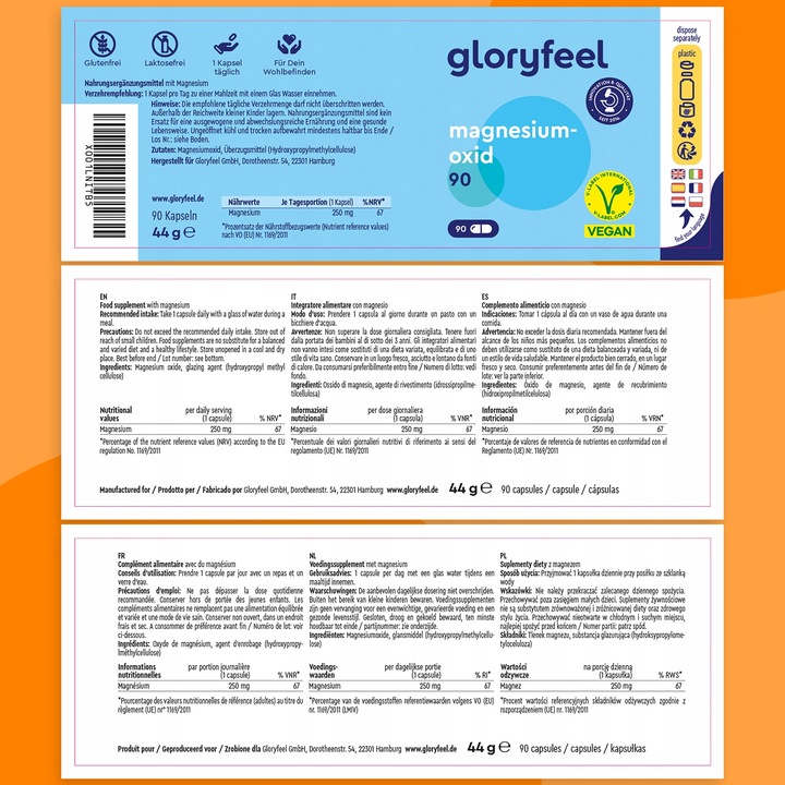 TLENEK MAGNEZU 250mg - MAGNEZ SKURCZE 90 kapsułek STRES gloryfeel