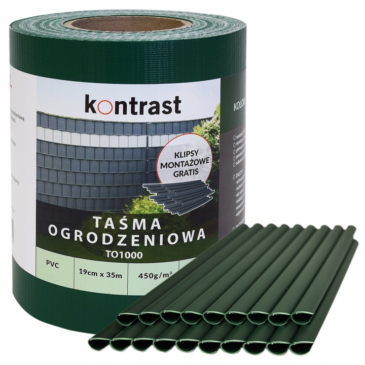 TAŚMA OGRODZENIOWA OSŁONA PŁOT PANEL UV 450g 19cmx35m KLIPSY ZIELONA