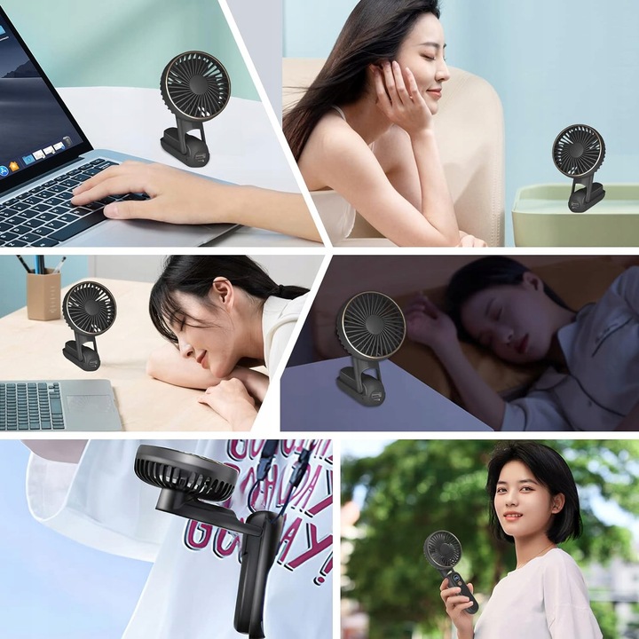 WENTYLATOR RĘCZNY MINI SKŁADANY 5 PRĘDKOŚCI NAWIEWU I 180° PRZENOŚNY CZARNY