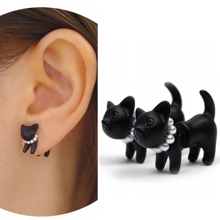 Kolczyki Sztyfty Kolor Srebrne Czarne Kotki Koty CAT 3D Urocze Subtelne16mm