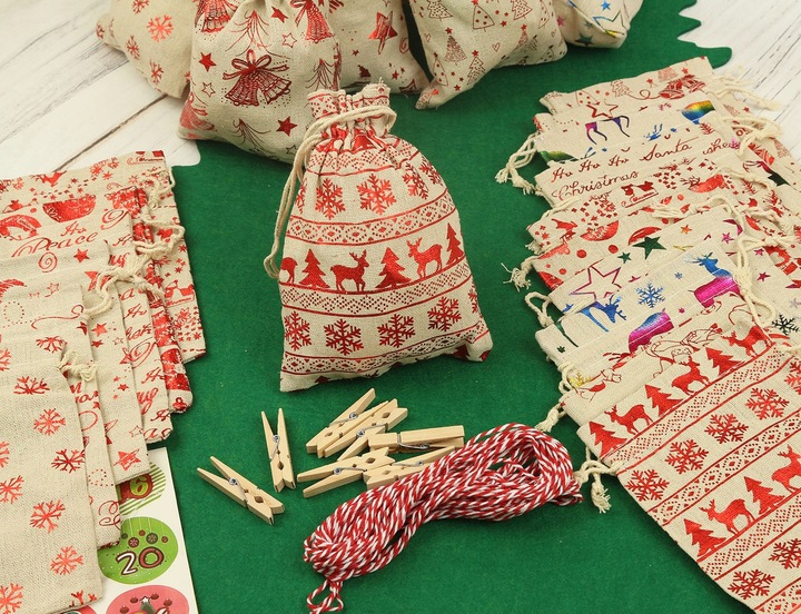 KALENDARZ ADWENTOWY dla DZIECI wiszący WORECZKI 12/16 cm DIY ZESTAW 73 el.
