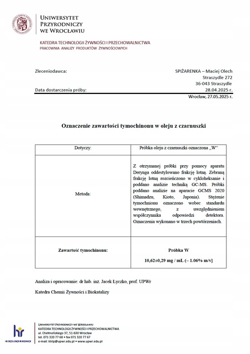 OLEJ Z CZARNUSZKI DZIECI JUNIOR 10,62! mg/g TYMOCHINONU 250ml NIERAFINOWANY
