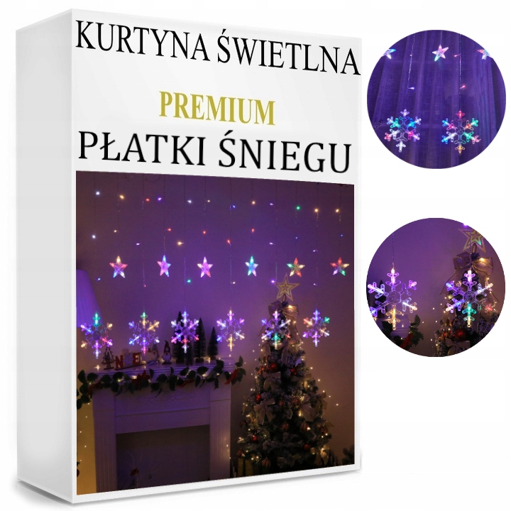 PŁATKI ŚNIEGU WISZĄCE LAMPKI CHOINKOWE ZEWNĘTRZNE KURTYNA LED SOPLE
