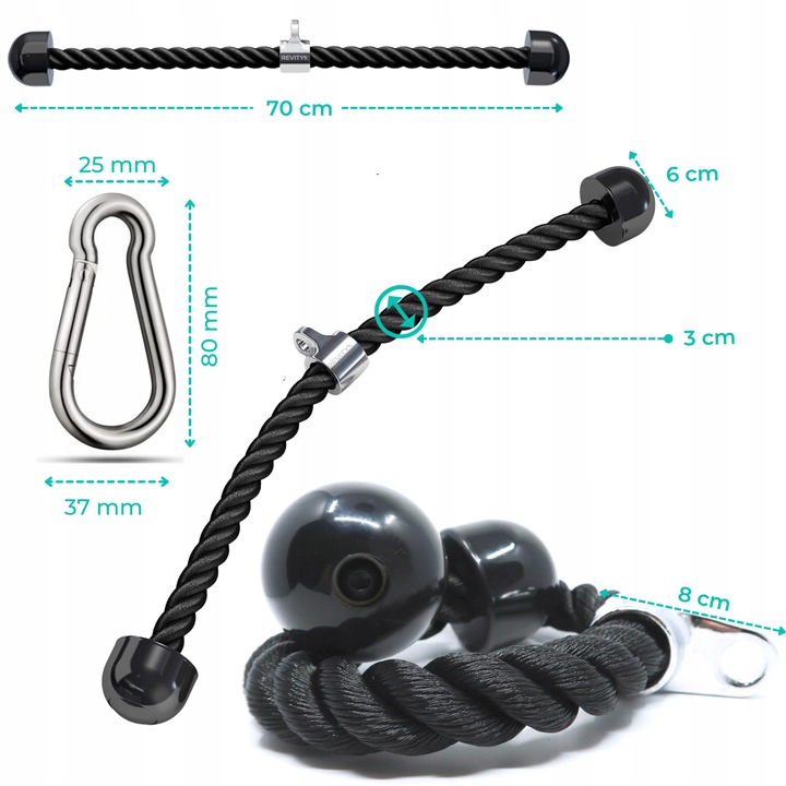 SZNUR UCHWYT DO WYCIĄGU LINA NA TRICEPS MASYWNA I SOLIDNA Z KARABIŃCZYKIEM