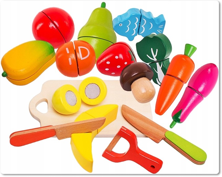 Drewniane Owoce i Warzywa Do Krojenia na Rzep Deska Nóż Zestaw XXL 17 el