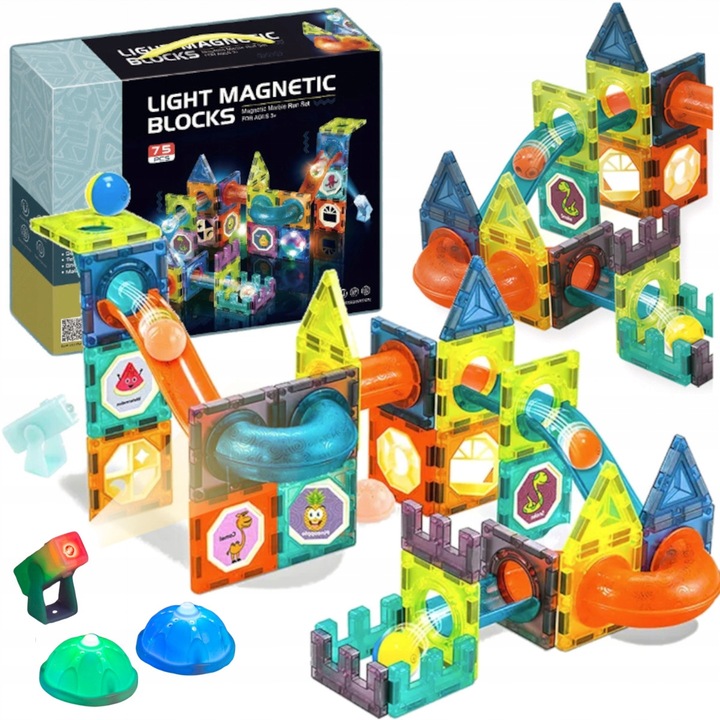 Świecące KLOCKI MAGNETYCZNE świecący tor kulkowy ZESTAW XL kulodrom 75 el.