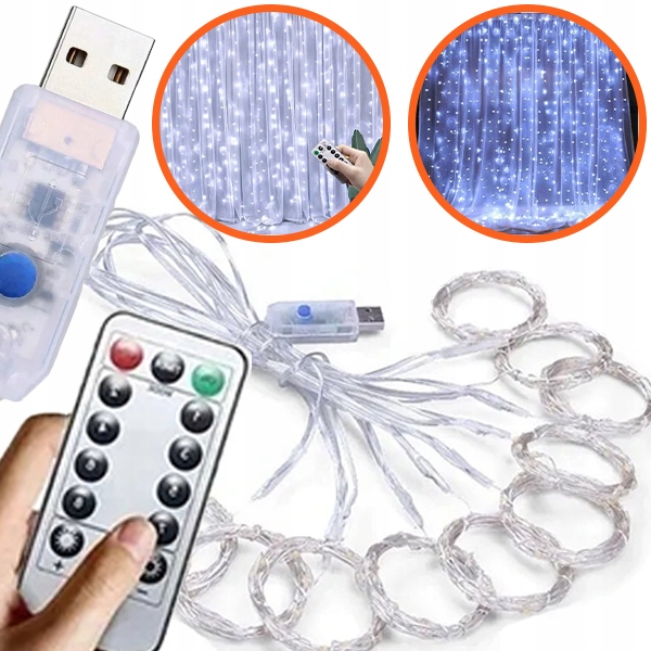 KURTYNA ŚWIETLNA LED DRUCIK USB LAMPKI SOPLE PILOT USB BIAŁY ZIMNY 2X2M