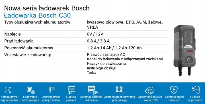 PROSTOWNIK AKUMULATOROWY ŁADOWARKA BOSCH C30 6V/12V EFB AGM ŻELOWE