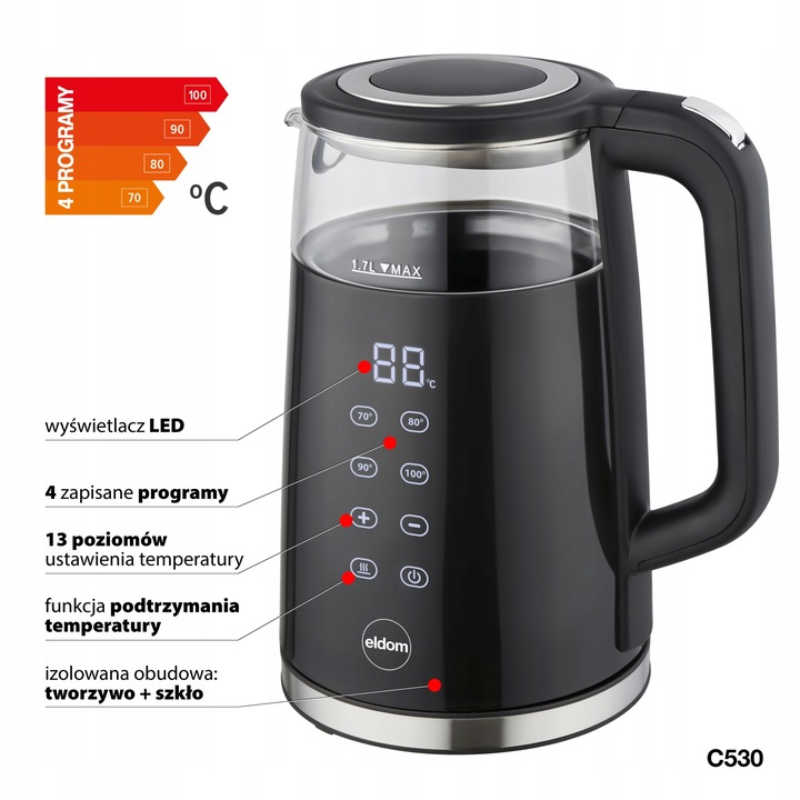 Czajnik elektryczny ELDOM C530 REGULACJA TEMPERATURY 1,7L DOTYKOWY PANEL