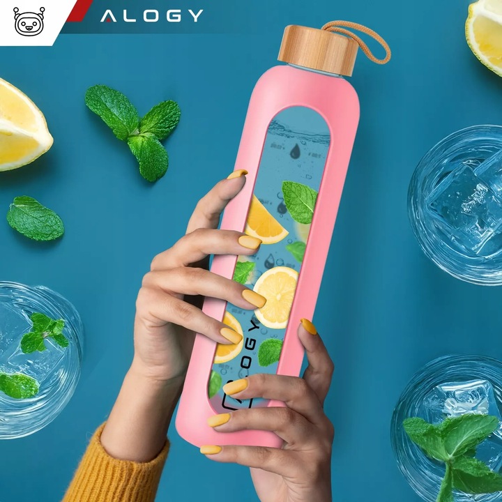 BUTELKA SZKLANA NA WODĘ BIDON MOTYWACYJNA SZCZELNA SILIKONOWE ETUI 1000 ML