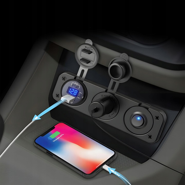 Gniazdo Zapalniczki 12V/24V Woltomierz Samochodowy PANEL Auto USB-C 22,5W