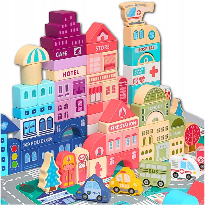 ZESTAW Klocki drewniane Miasto Auta Zestaw Puzzle Mata 115 Klocków EDU