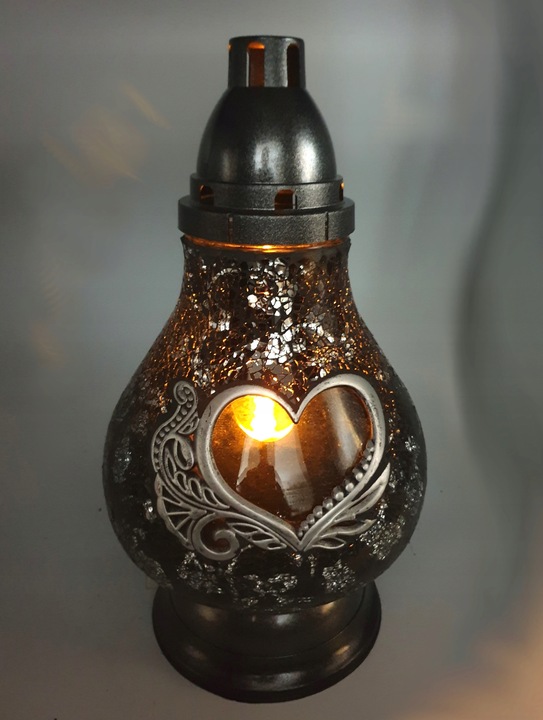 Znicz Szklany Karafka Witraż Mozaika Serce Czarno-Srebrny 38cm Lampion