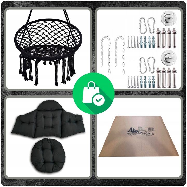 Czarna czarne Bocianie gniazdo huśtawka + PIKOWANA Poduszka XXL + 2 Zestawy