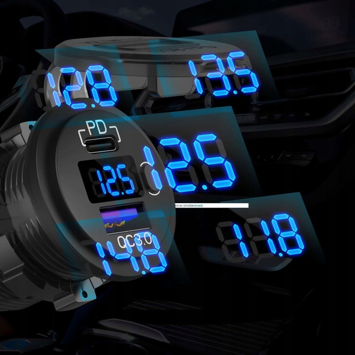 Ładowarka samochodowa USB QC 3.0 USB-C C PD gniazdo zapalniczki Woltomierz