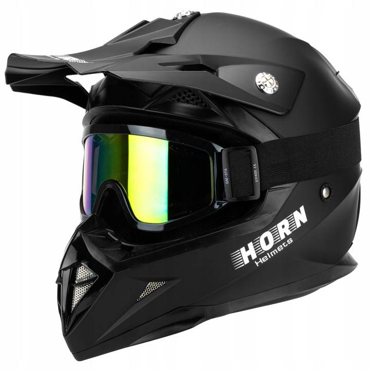KASK MOTOCYKLOWY CROSS HORN ENDURO QUAD POD INTERKOM+ GOGLE KOMINIARKA XS