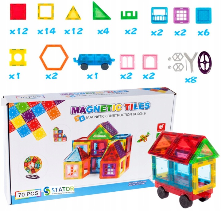 DUŻE KLOCKI MAGNETYCZNE KONSTRUKCYJNE KAFELKI 70 el Rainbow Magnetic Tiles