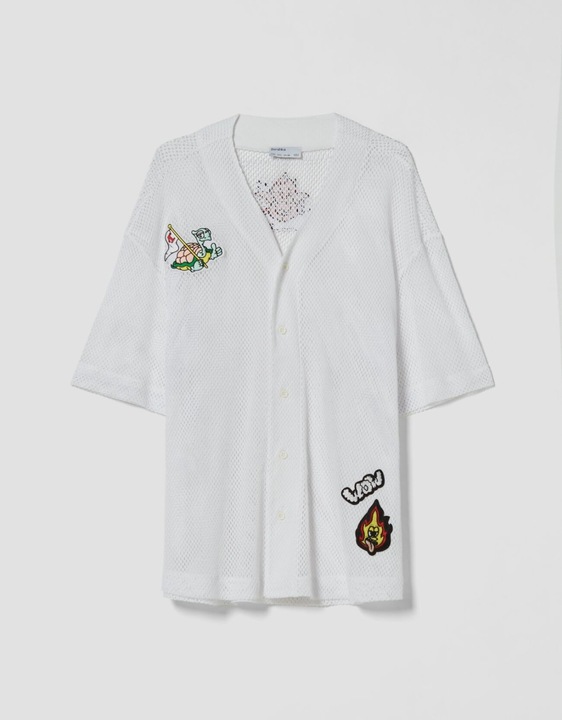 G56H03 KOSZULA BIAŁA NASZYWKI SIATECZKA BERSHKA M