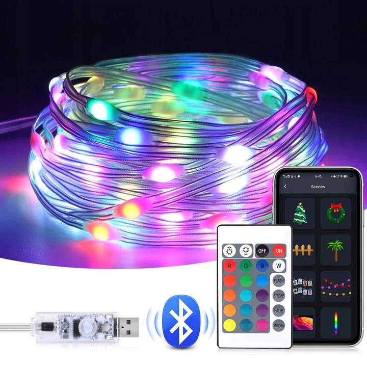 Lampki choinkowe LED Smart USB 20m 200 LED + Pilot Tryb Muzyczny Halloween