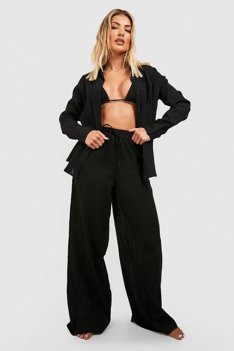 BOOHOO CZARNE LUŹNE SPODNIE PLAŻOWE TEKSTURA M9J NG2__S