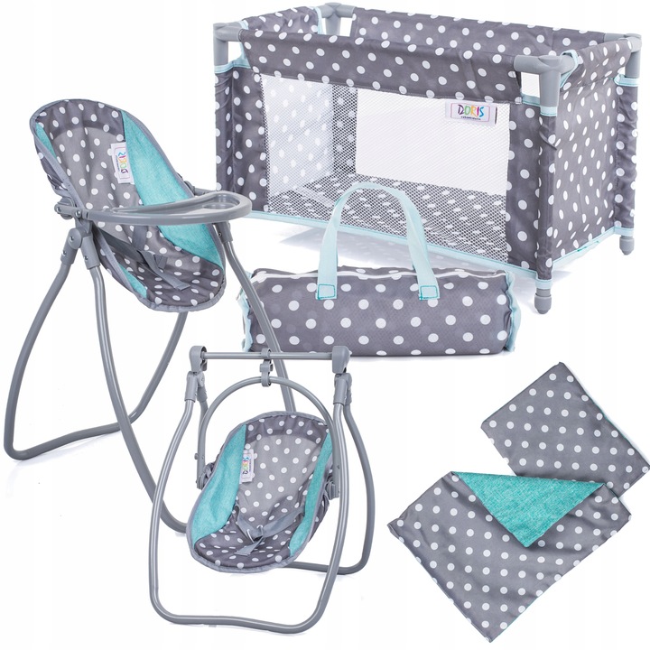 Zestaw dla lalek ŁÓŻECZKO + KRZESEŁKO do karmienia dla laki HUŚTAWKA 2w1