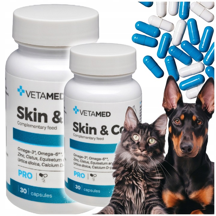 2 x SUPLEMENT na SKÓRĘ I SIERŚĆ dla PSA I KOTA VETAMED 60 kapsułek + GRATIS
