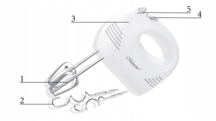 MIKSER RĘCZNY ROBOT KUCHENNY 5 PRĘDKOŚCI + 4 KOŃCÓWKI HAKI TRZEPACZKI 200W