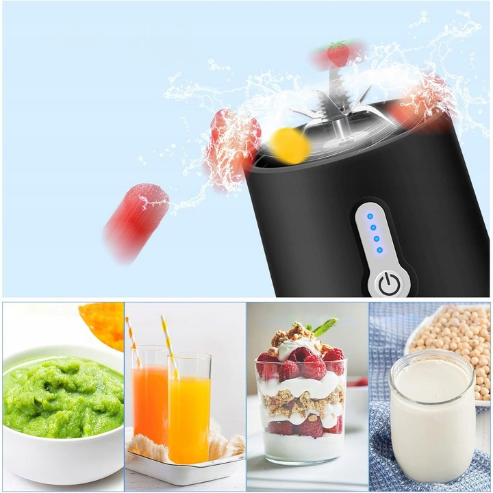 Blender do Koktajli 450ml z 6 Nierdzewnymi Żmijkami i 2000mAh Baterią