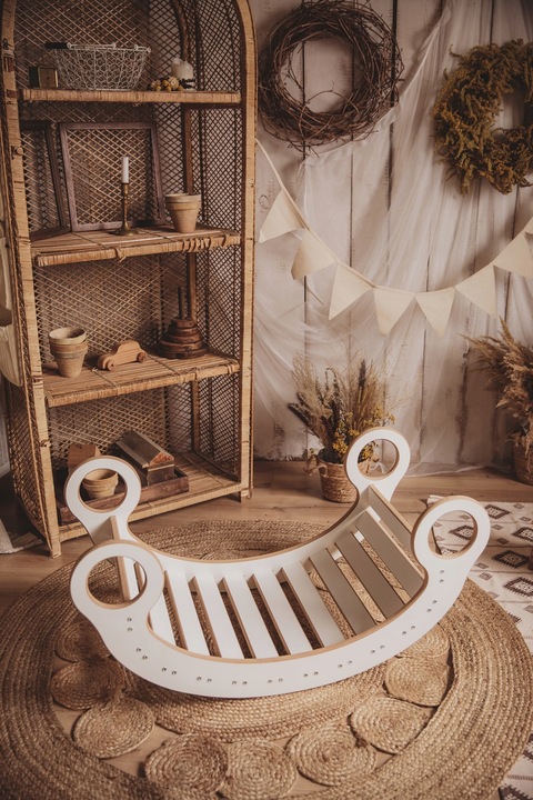 Drewniany Bujak Montessori dziecka +Poduszka Szara +Ścianka +Zjeżdżalnia CE