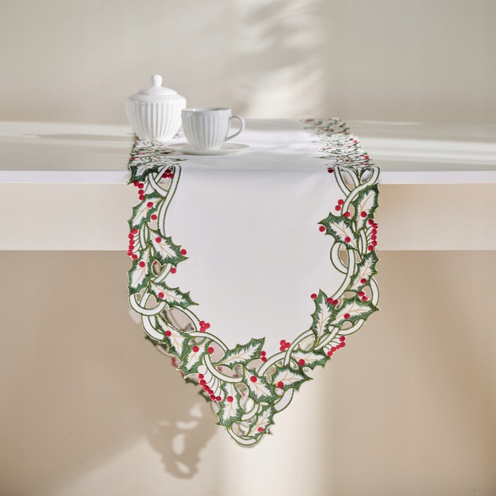 Biały BIEŻNIK ŚWIĄTECZNY haftowany bieżnik NA STÓŁ ŁAWĘ ostrokrzew home&you