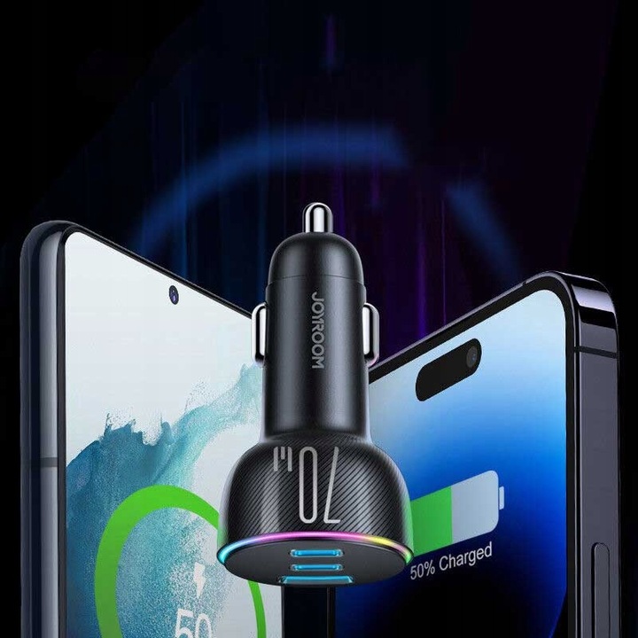 JOYROOM SZYBKA ŁADOWARKA SAMOCHODOWA 70W 1xUSB, 2xUSB C PODŚWIETLANA