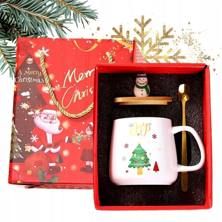 KUBEK ŚWIĄTECZNY - zestaw w pudełku z pokrywką i łyżeczką 225 ml, biały