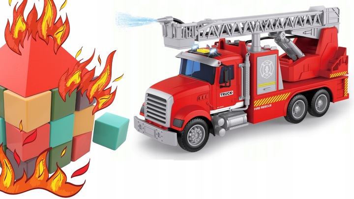 WÓZ STRAŻACKI STRAŻ POŻARNA STRZELA WODĄ ZE ŚWIATŁEM I DŹWIĘKIEM Z NAPĘDEM