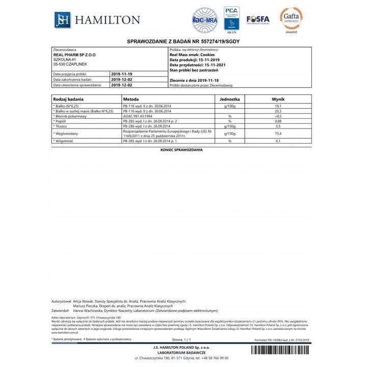 GAINER białko węglowodany Real Pharm Real Mass WANILIA 6800g