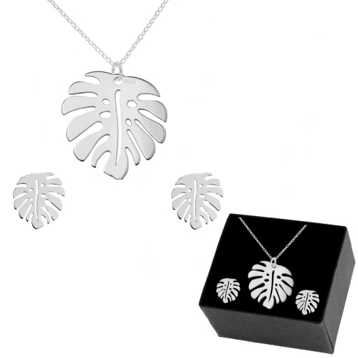 KOMPLET SREBRNY LISTKI MONSTERA SREBRO 925