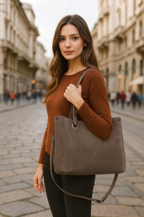 Duża pojemna zamszowa torba XXL Vera Pelle wygodna Włoska skórzana 3 komory