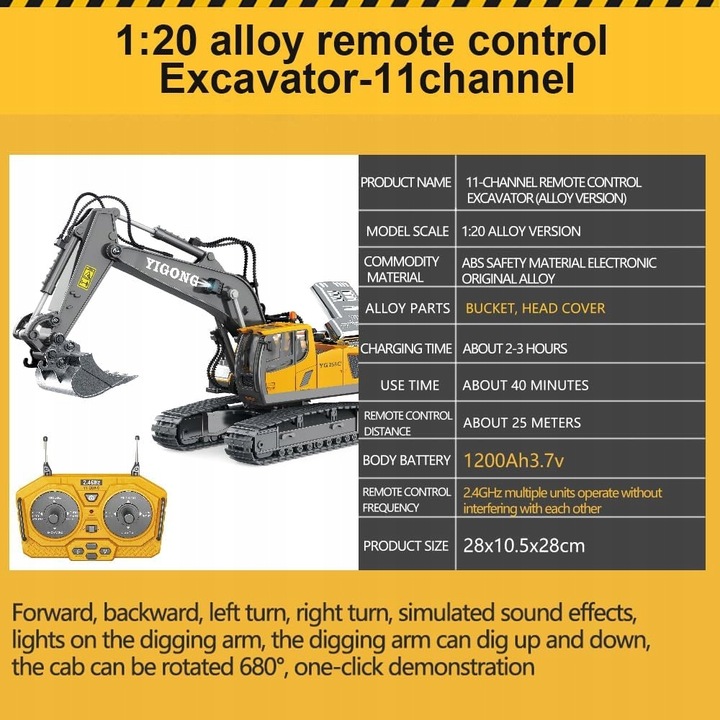KOPARKA RC 1:20 POJAZD BUDOWLANY ZDALNIE STEROWANA Z METALOWĄ ŁOPATĄ