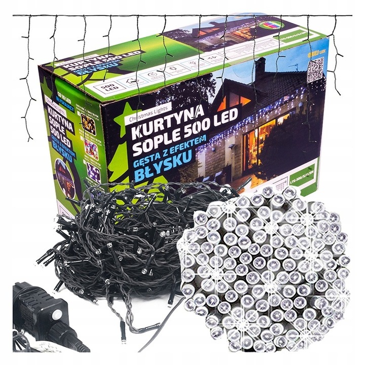 Lampki SOPLE LED 500 GĘSTE ZEWNĘTRZNE + Timer 8H + FLASH zimny biały 15m