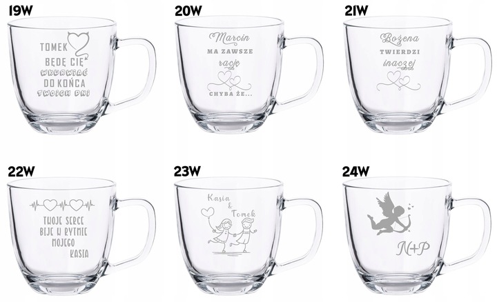 2 Duże Szklane Kubki Grawer LOGO 420ml Prezent dla pary Walentynki WZORY